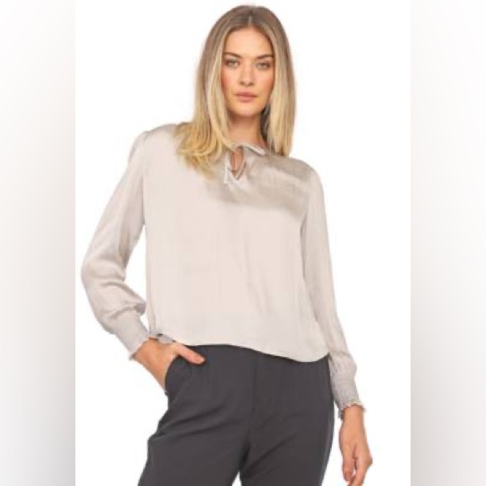 Banana Republic Women Satin Smocked Tie-Neck Blouse Silver Champagne Size XL - Picture 9 of 10